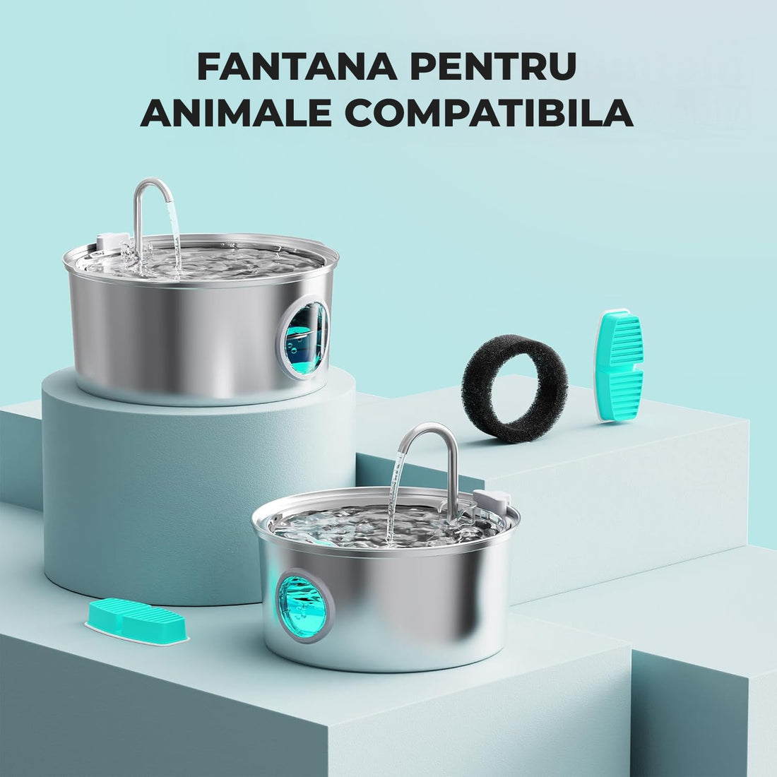 Set 6 Filtre de Rezerva + 6 Filtre de Burete pentru Dispenser de Apa Elindor, Tip Adapator Fantana pentru Pisici si Caini, Purificare, Carbon Activ, Rasina de Ioni, Elimina Eficient Impuritatile si Firele de Par, Cyan