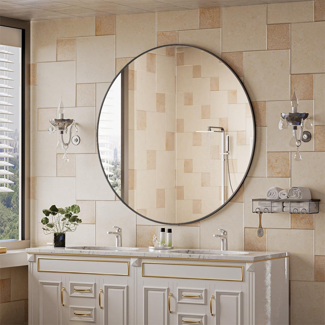 Oglinda Rotunda Neagra Elindor® Decorativa, Moderna si Eleganta, Reflexie HD, Sticla fara Distorsiuni, Ideala pentru Dormitor, Living, Birou, Dressing, Hol, Rama Metalica, Diametru 105 cm