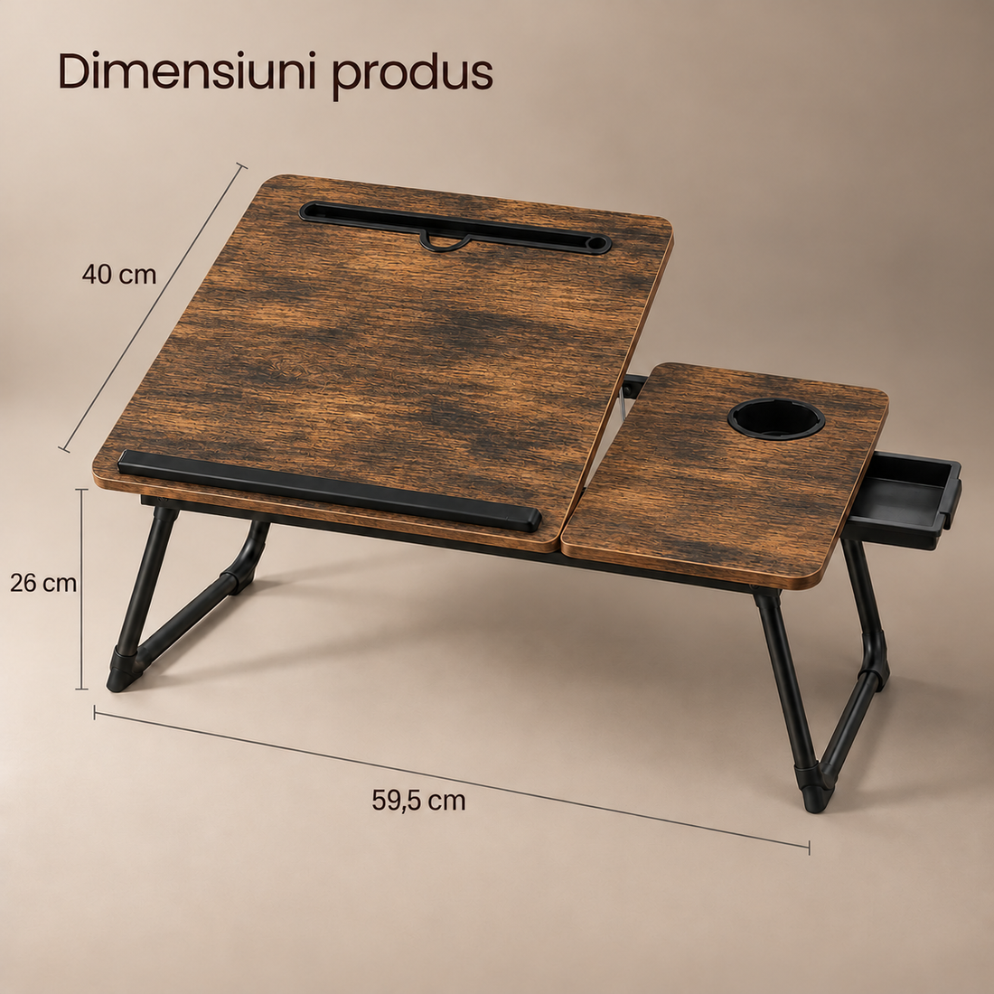 Masa Pliabila pentru Laptop Elindor® cu Suport Pahar, Antiderapanta, Unghiuri de Inclinare, Usor de Depozitat, Birou Portabil Utilizare in Orice Loc, Ideala la Munca sau Mic Dejun la Pat, Maro Inchis / Negru