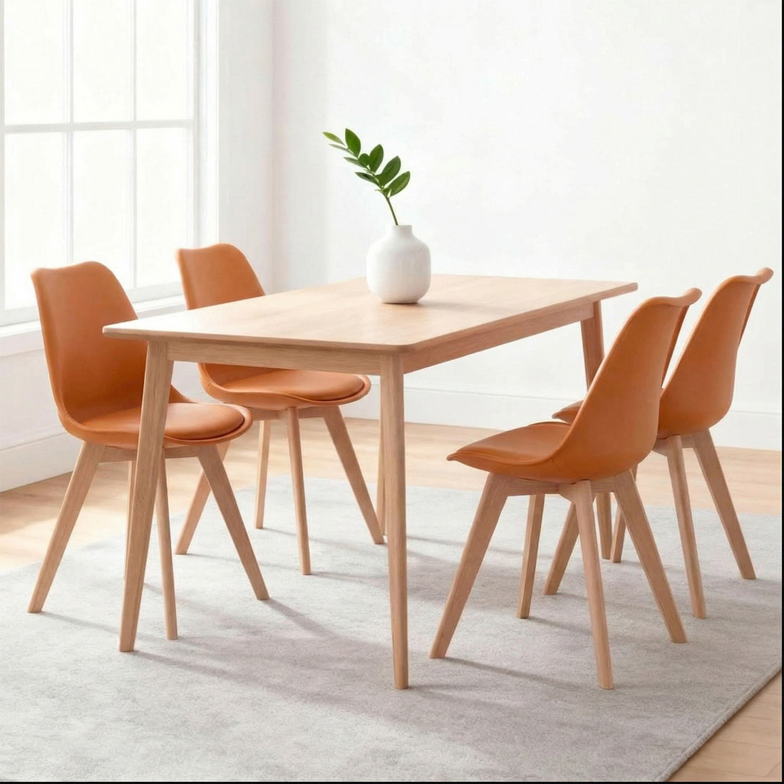 Set 4 Scaune Bucatarie Elindor® din Piele Ecologica, Picioare din Lemn, Scaun Confortabil, Perna Sezut, Elegant, pentru Bucatarie, Dormitor, Living, 50 x 45 x 81 cm, Portocaliu