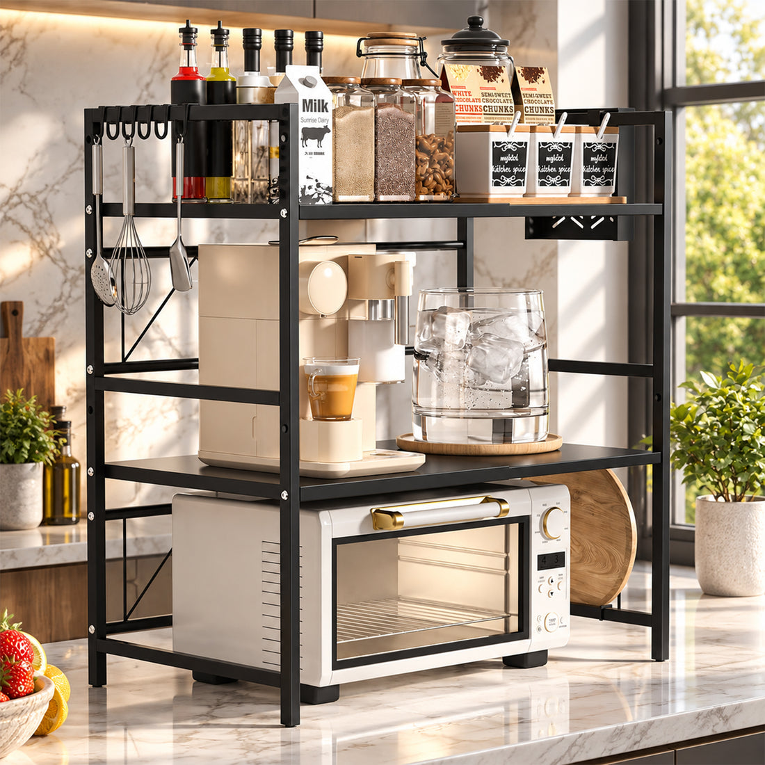 Raft Extensibil Elindor® pe 2 Niveluri, din Otel Carbon, pentru Bucatarie, Organizator Metalic Reglabil, Ideal ca Etajera Depozitare in Camara, Perfect pentru Condimente, Polita Vesela, Farfurii, 40-64 x 36 x 79 cm, Negru