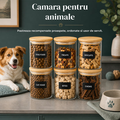 Set 6 Borcane din Sticla Elindor® cu Capac Ermetic din Bambus, Borcan 500 ml, Marker si Etichete Incluse, Ideal pentru Condimente, Fructe Uscate, Zahar, Cafea, Recipient Depozitare in Bucatarie, 10.8 × 8.5 cm, Transparent