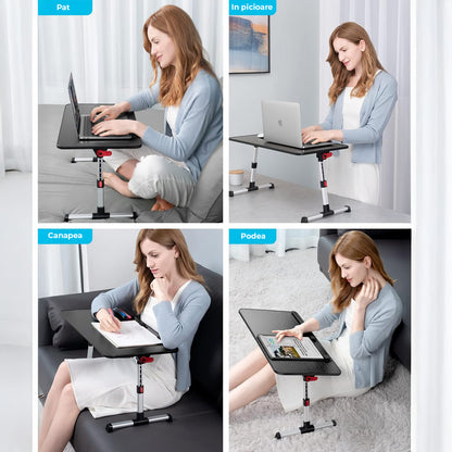 Masa Pliabila pentru Laptop Elindor® Antiderapanta, 4 Unghiuri de Inclinare, 5 Niveluri Inaltime, Birou Portabil Utilizare in Orice Loc, Ideala la Munca sau Mic Dejun la Pat, 60 × 33 × 24 cm, Negru