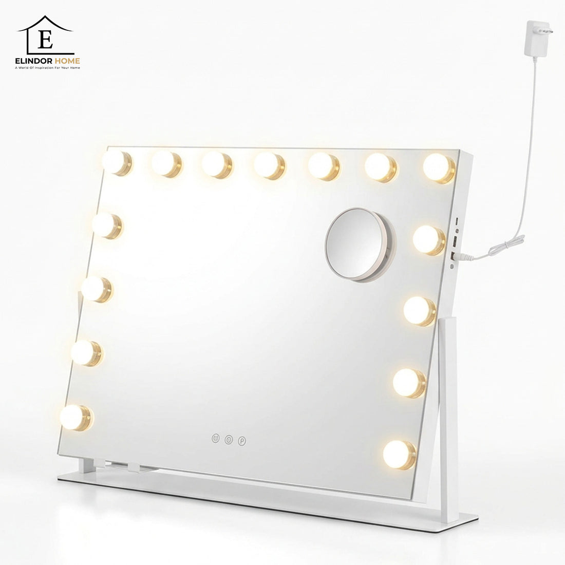 Oglinda Cosmetica Iluminata Led 360° Elindor® de Masa, Buton Touch, Luminozitate Ajustabila, Efect de Marire Lupa 10X, Oglinzi Cosmetice pentru Coafor, Barbierit, Pensat, Vopsit, Tuns si Machiaj, Frizerie, 58X43 cm, Alb