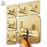 Set 6 Carlige Adezive Elindor® din Otel Inoxidabil, Montare Fara Gaurire, Greutate Mxima Suportata 10 kg, Design patrat si Colturi Rotunjite, Instalare Usoara, Ideal pentru Baie, Bucatarie sau Birou, 4.5 x 4.5 cm, Auriu