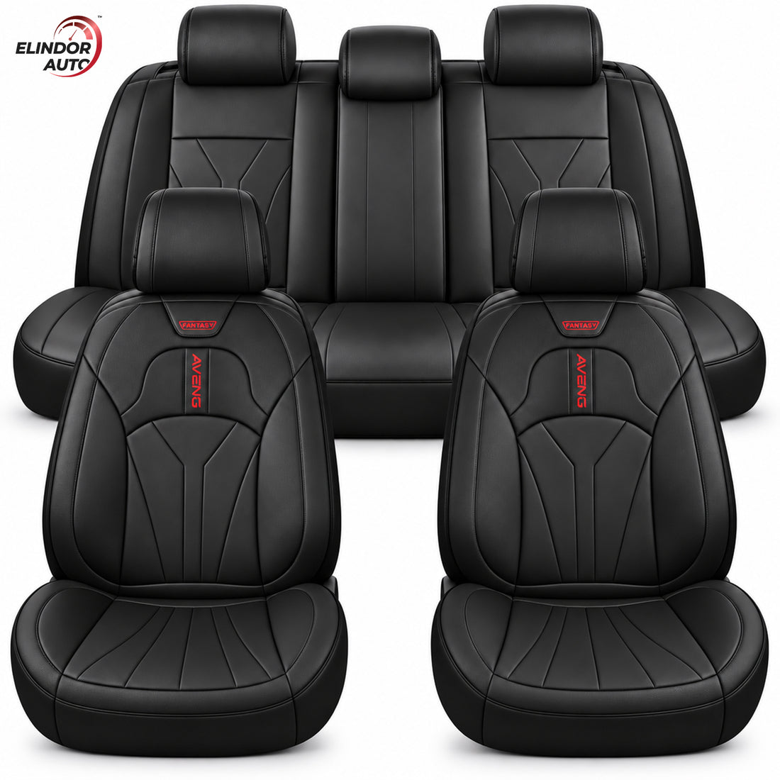 Set 5 Huse Scaune de Masina Elindor®, Huse Auto Piele, Impermeabile, Universale, Protectie Scaun Fata si Spate, Montaj Rapid, Accesorii Masina Interior, Negru