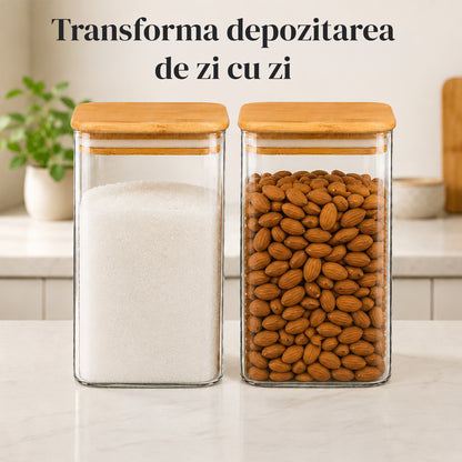 Set 2 Borcane din Sticla Elindor® cu Capac Ermetic din Bambus, Borcan 1200 ml, Marker si Etichete Incluse, Ideal pentru Condimente, Fructe Uscate, Cafea, Zahar, Recipient Depozitare in Bucatarie, 15 × 10 cm, Transparent