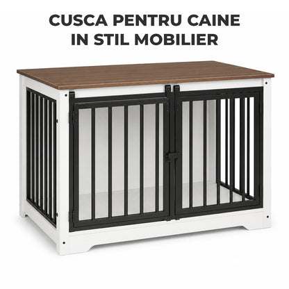 Cusca pentru Animale Elindor® Tip Mobila, Potrivita pentru Caini de Talie Medie, Utilizare in Interior, cu 2 Usi, o Usa Glisanta, Baza Solida, Marime L, 100 x 60 x 68 cm, Alb / Maro
