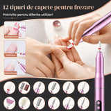 Freza Portabila Unghii Elindor® 35000 RPM, Pila Electrica Profesionala, Manichiura si Pedichiura, fara Fir, Afisaj LED, Ecran LCD, Accesorii Incluse, 5 Trepte de Viteza, 12 Capete de Frezare, Slefuire Cuticule, Acumulator 550 mAh, Roz
