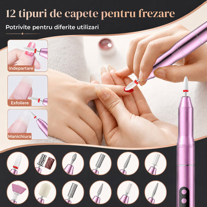 Freza Portabila Unghii Elindor® 35000 RPM, Pila Electrica Profesionala, Manichiura si Pedichiura, fara Fir, Afisaj LED, Ecran LCD, Accesorii Incluse, 5 Trepte de Viteza, 12 Capete de Frezare, Slefuire Cuticule, Acumulator 550 mAh, Roz