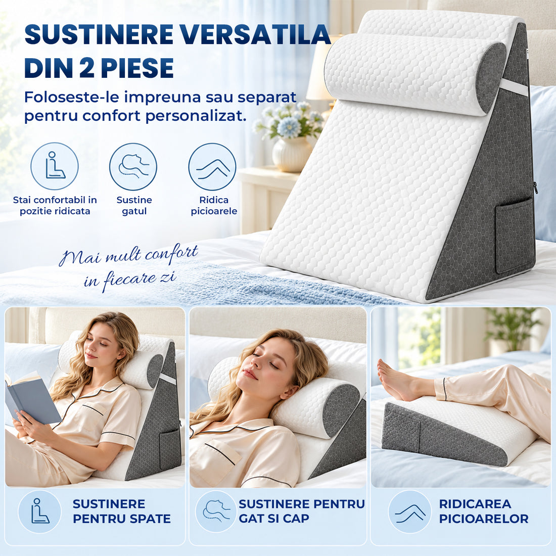 Perna Ergonomica Elindor®, Perna Wedge pentru Circulatie si Recuperare, Suport pentru Genunchi, Picioare si Trunchi, cu Spuma cu Memorie, Husa Textila, 50 x 50 x 26 cm, Gri / Alb