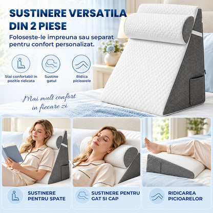 Perna Ergonomica Elindor®, Perna Wedge pentru Circulatie si Recuperare, Suport pentru Genunchi, Picioare si Trunchi, cu Spuma cu Memorie, Husa Textila, 50 x 50 x 26 cm, Gri / Alb