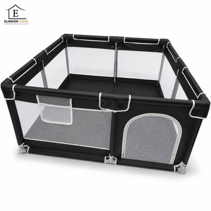 Tarc de Joaca pentru Bebelusi si Copii Elindor® cu Husa Groasa din Spuma, Spatiul Sigur de Joaca, Plasa de Protectie, Include Usa cu Fermoar, Materiale Eco-Friendly și Non-Toxice, Varsta 0-5 ani, 150 x 150 x 65 cm, Negru