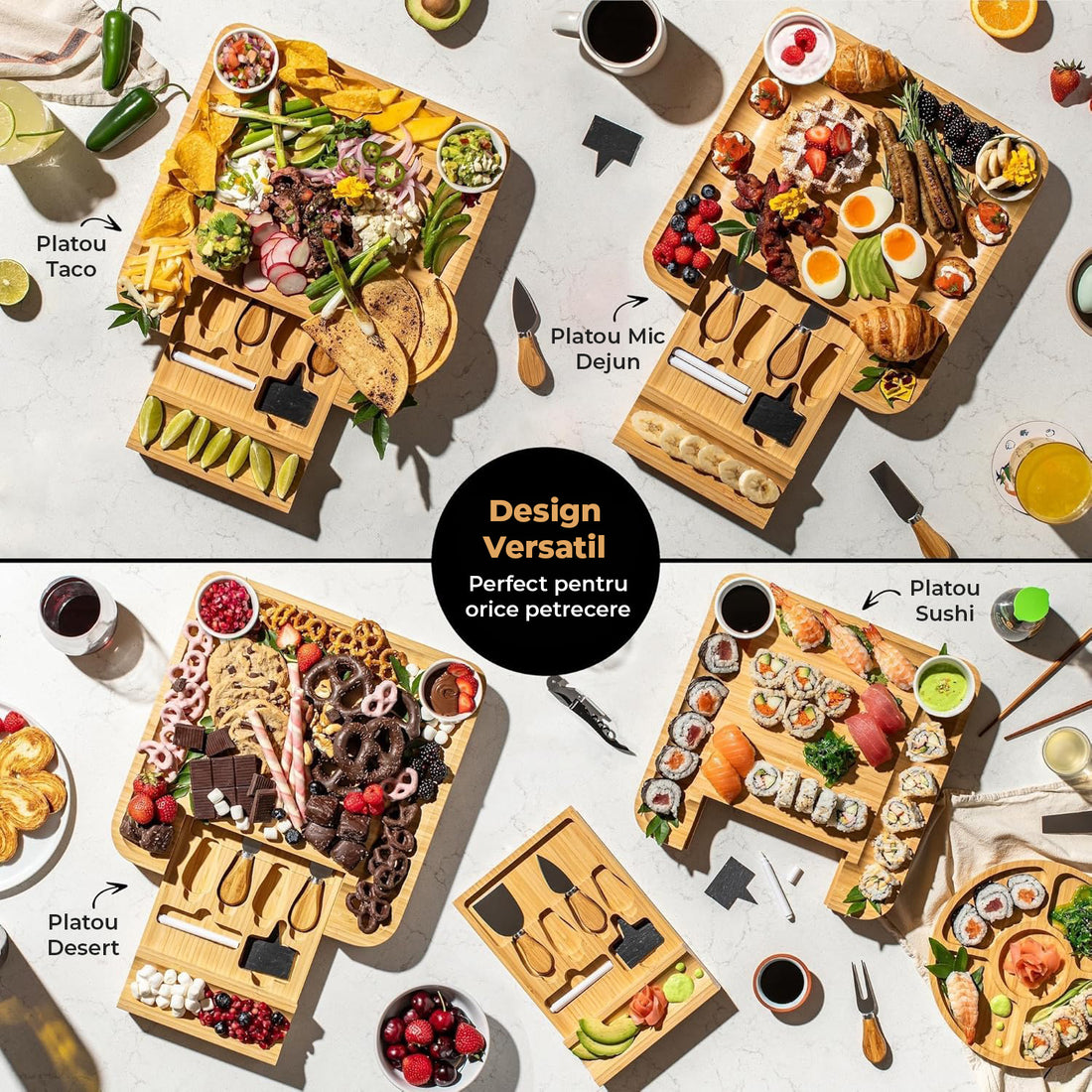 Platou pentru Servire Branzeturi si Aperitive Elindor® din Bambus, Tava Rotunda, Cutite Branzeturi, Boluri Ceramice, Platou de Bucatarie, 36.2 × 36.2 × 45 cm, Bej