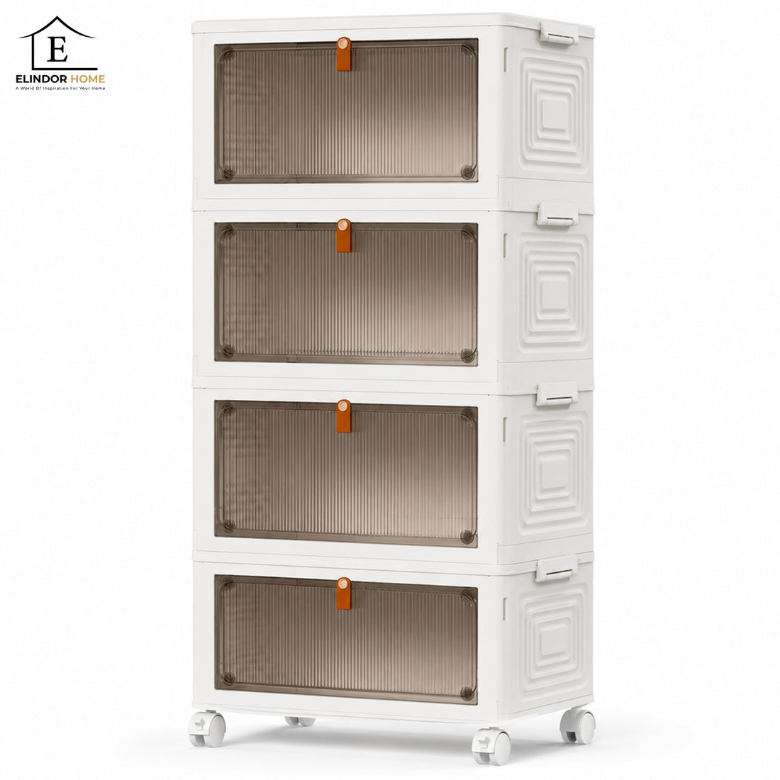 Organizator 4 Nivele Elindor® Carucior cu Roti, Modular, Ajustabil, Raft Mobil Organizare Baie, Camara, Birou, Bar, Dulap pentru Depozitare Legume, Fructe, Detergenti, Parfumuri, Haine, 4x Cutie Detasabila, 39 x 28 x 78.5 cm, Alb