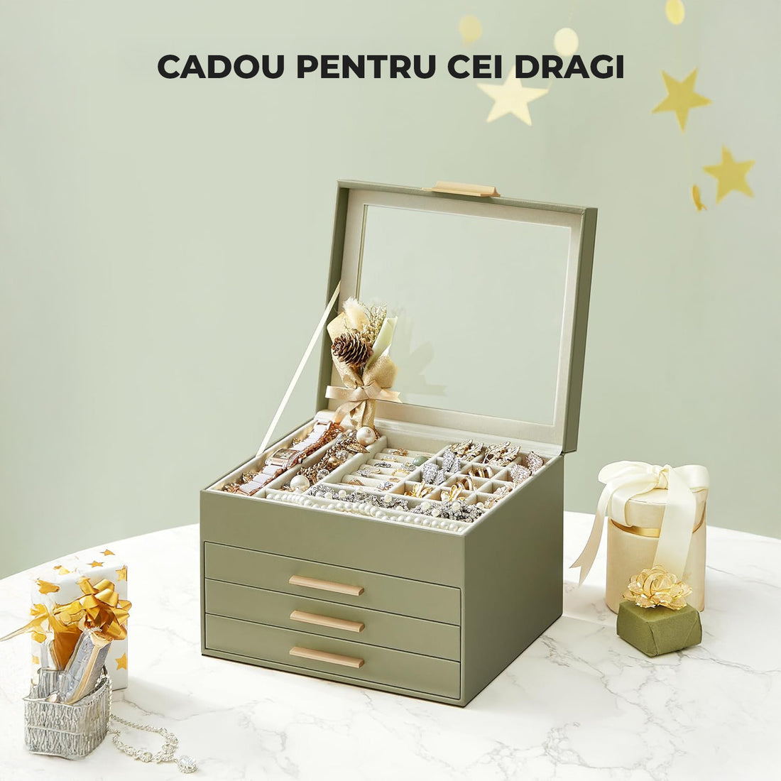 Cutie de Bijuterii Elindor® cu Capac, Organizator 4 Niveluri, 3x Sertar, Spatiu Depozitare Inel, Verighete, Lantisoare, Bratari, Cercei, Caseta din Material Catifelat, Rafinat, Simplu si Elegant, Piele Ecologica, 23×20x16.5 cm, Verde Masliniu