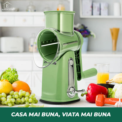 Razatoare Rotativa 5 in 1 Elindor® cu Maner, Lame din Otel Inoxidabil, Tocator Legume, Razatoare Branza, Nuci, Morcovi, Varza, Ustensila de Bucatarie, Design Compact, Multifunctional, Verde