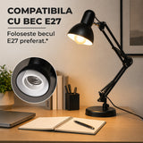 Lampa de Birou Elindor® Neagra cu LED, 3 Moduri Lumina Camera Rece/Cald si 10 Intensitati, Soclu Compatibil E26/E27, Veioza cu 2 Moduri de Utilizare cu Clema sau pe Birou, Brat Reglabil, Protectie pentru Ochi