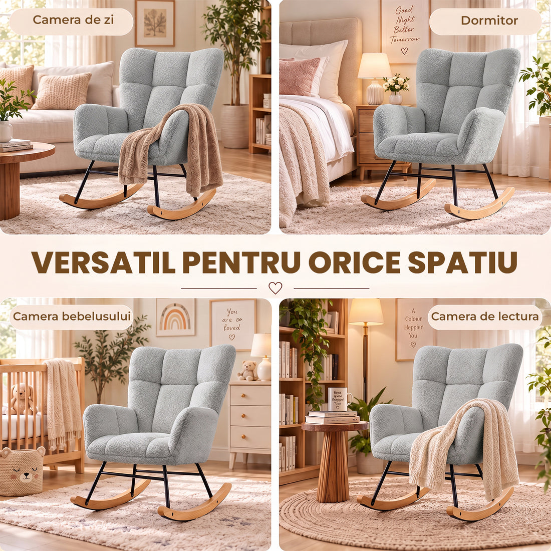 Fotoliu Balansoar Elindor® cu Spatar, Ergonomic, Cadru Solid din Otel, Ideal pentru Living, Dormitor, Camera Copilului, 68 x 88 x 93 cm, Gri Albastrui Deschis