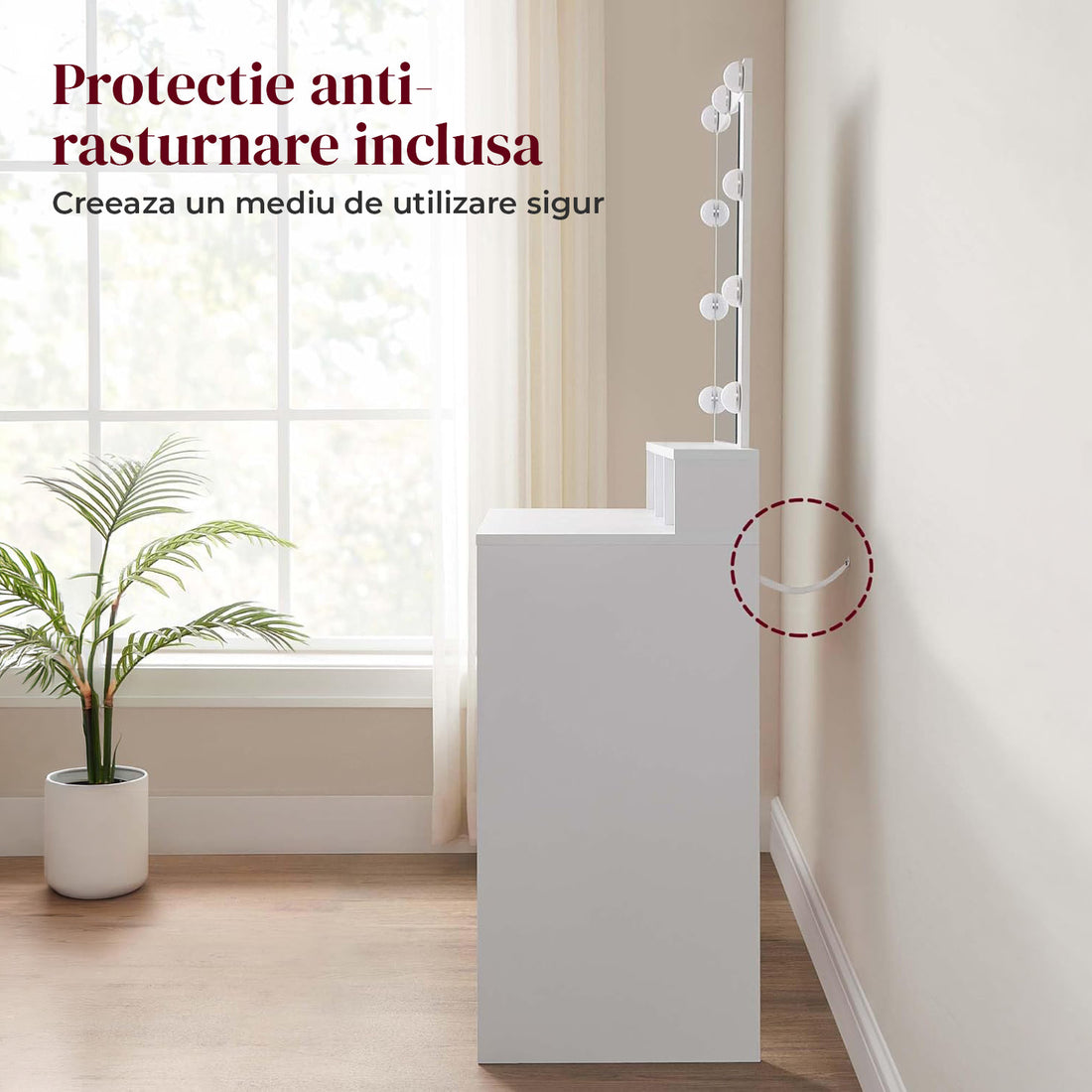 Masa de Machiaj Elindor®, cu Oglinda si Iluminare LED Reglabila, Spatiu Generos de Depozitare, 2 Sertare si 3 Compartimente, Fixare Anti-Rasturnare 40 × 100 × 145 cm, Alb