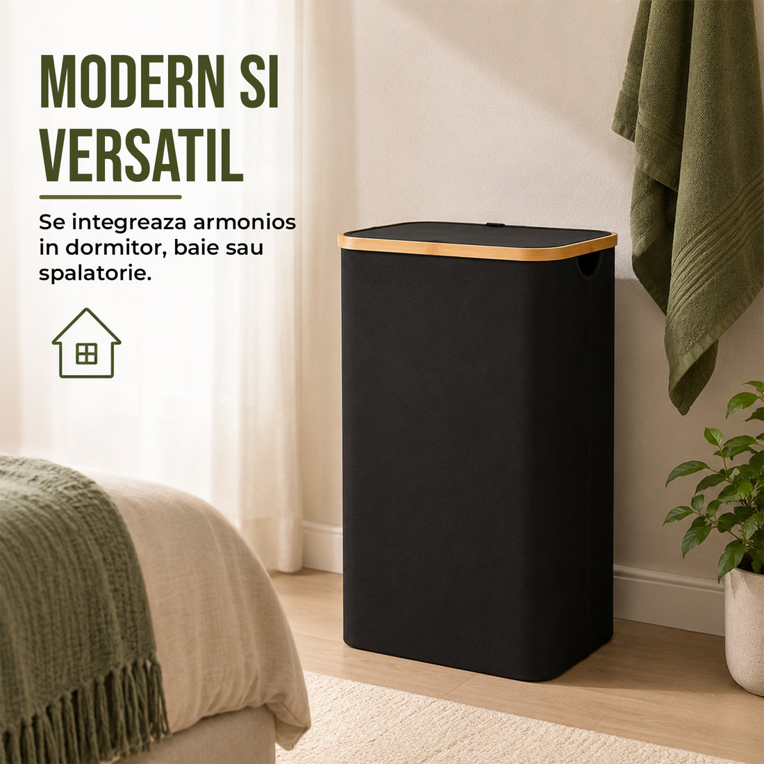 Cos de Rufe Elindor® Pliabil si Impermeabil, Lavabil, Cadru din Bambus, cu Capac si Sac de Haine Murdare Detasabil, Recipient Sortare Dreptunghiular de 100 L, Ideal pentru Baie Casa sau Hotel, 74 x 41 x 33 cm, Material Textil, Negru