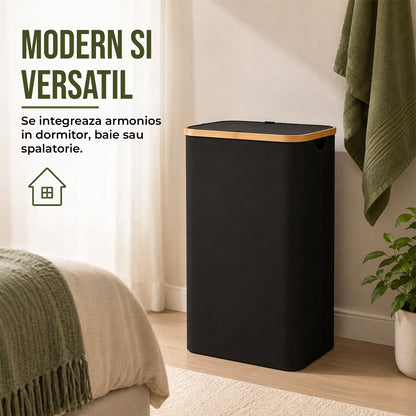 Cos de Rufe Elindor® Pliabil si Impermeabil, Lavabil, Cadru din Bambus, cu Capac si Sac de Haine Murdare Detasabil, Recipient Sortare Dreptunghiular de 100 L, Ideal pentru Baie Casa sau Hotel, 74 x 41 x 33 cm, Material Textil, Negru