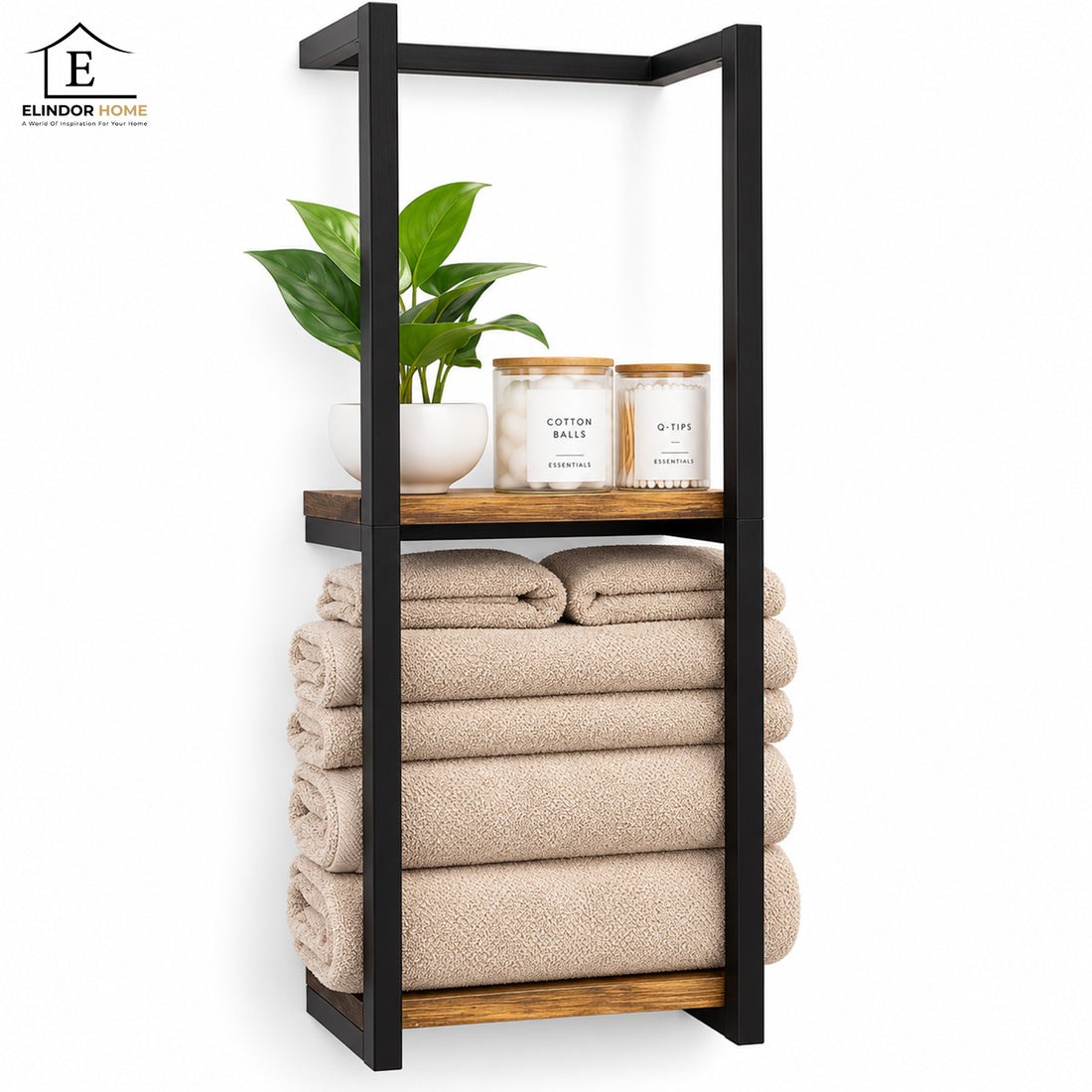 Raft Prosop Elindor® Etajera Prosoape Dus, Suport Organizare Perete sau Podea, Organizator Baie, Polita din Otel Carbon si Lemn, 77 x 28.5 x 14 cm, Negru