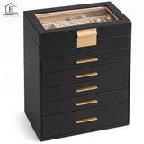Cutie de Bijuterii Elindor® Organizator pe 6 Niveluri, Sertar x5, Spatiu de Depozitare pentru Inel, Verighete, Lantisoare, Bratari, Cercei, Caseta din Material Catifelat, Design Rafinat, Simplu si Elegant, Piele Ecologica Neagra, 15 x 25 x 28.5 cm