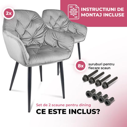 Set 2 Scaune Elindor® Ergonomice, Design Contemporan, Scaun cu Spatar si cu Manere, din Catifea cu Picioare Metalice Negre, Potrivite pentru Living, Bucatarie, Birou, Dormitor, Latime Sezut 55 cm, Gri