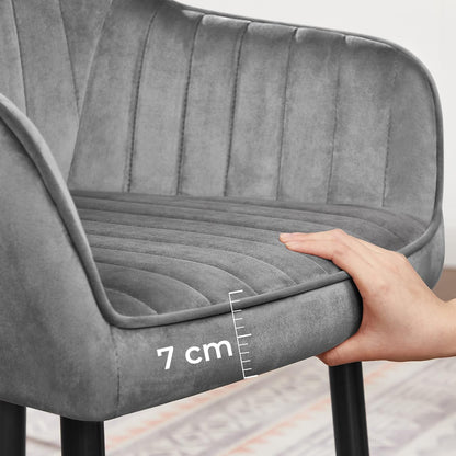 Set 2 Scaune Elindor® Ergonomice, Design Contemporan, Scaun cu Spatar si cu Manere, din Catifea cu Picioare Metalice Negre, Potrivite pentru Living, Bucatarie, Birou, Dormitor, 90x60x45 cm, Gri