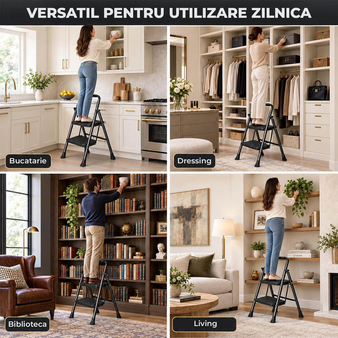 Scara Pliabila Metalica Elindor® cu 2 Trepte, Portabila, cu Pedale Late Antiderapante, Maner de Sprijin, Sistem de Blocare, Picioare Antialunecare, pentru Interior, Uz Casnic, Capacitate 150 kg, 46 x 45 x 80 cm, Negru