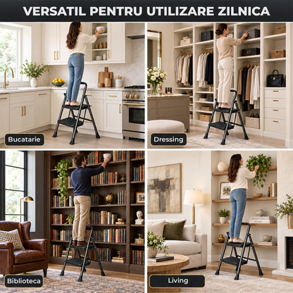 Scara Pliabila Metalica Elindor® cu 2 Trepte, Portabila, cu Pedale Late Antiderapante, Maner de Sprijin, Sistem de Blocare, Picioare Antialunecare, pentru Interior, Uz Casnic, Capacitate 150 kg, 46 x 45 x 80 cm, Negru