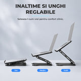 Suport Ergonomic Elindor® pentru Laptop si Tableta, Masa Portabila, Stand cu Baza Reglabila pe Inaltime, Universal, Baza Antiderapanta, Compatibil cu Laptopuri de 10-15.6 Inch, Ideal pentru Birou, Acasa, Calatorii, Negru