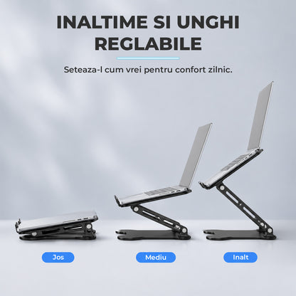 Suport Ergonomic Elindor® pentru Laptop si Tableta, Masa Portabila, Stand cu Baza Reglabila pe Inaltime, Universal, Baza Antiderapanta, Compatibil cu Laptopuri de 10-15.6 Inch, Ideal pentru Birou, Acasa, Calatorii, Negru