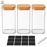 Set 3 Borcane din Sticla Elindor® cu Capac Ermetic din Bambus, Borcan 1500 ml, Marker si Etichete Incluse, Ideal pentru Condimente, Fructe Uscate, Cafea, Zahar, Recipient Depozitare in Bucatarie, 20 × 10 cm, Transparent
