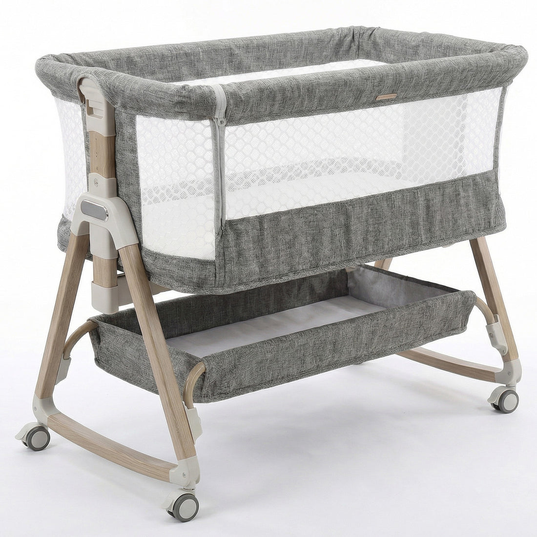 Patut Pliabil Bebelusi Elindor® 3 in 1, Copii 0-12 luni, Leagan Bebe, 6 Trepte de Inaltime Reglabila, Portabil, Plasa Laterala, Roti cu Sistem Blocare, Greutate Maxima 10 kg, Gri