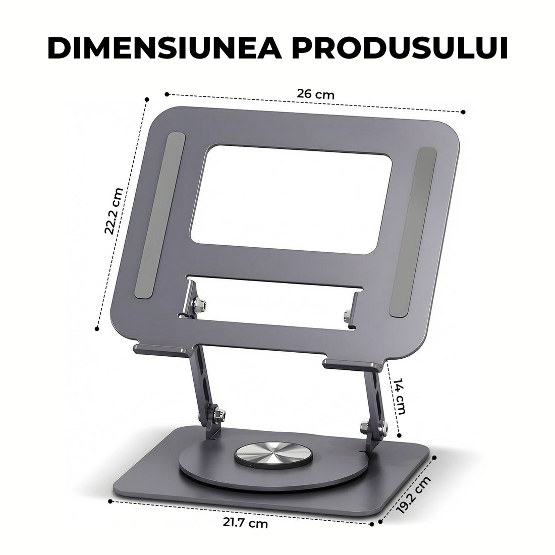Suport Laptop si Tableta Elindor®, Masa Ergonomica Reglabila si Portabila, Stand Universal cu Baza Rotativa 360°, Antiderapanta, Compatibil 10–15.5 Inch, Ideal pentru Birou, Acasa si Calatorii, Gri