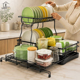 Scurgator de Vase Extensibil Elindor®, Suport Farfurii Chiuveta, Uscator Vesela, Tacamuri, Capace, Oale, Tigai, Pahare, Tocator, Tava din Plastic cu Scurgere Automata, Organizator Bucatarie Multifunctional, Otel Carbon, 54 x 42 x 37.5 cm, Negru