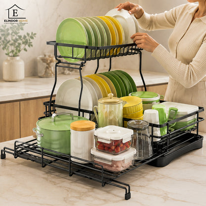 Scurgator de Vase Extensibil Elindor®, Suport Farfurii Chiuveta, Uscator Vesela, Tacamuri, Capace, Oale, Tigai, Pahare, Tocator, Tava din Plastic cu Scurgere Automata, Organizator Bucatarie Multifunctional, Otel Carbon, 54 x 42 x 37.5 cm, Negru