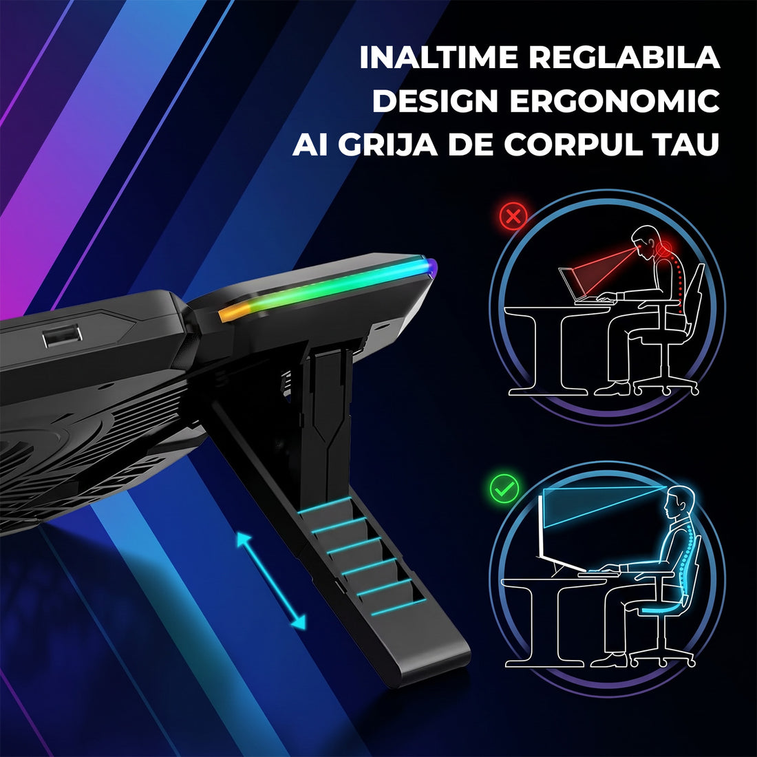 Cooler Laptop Gaming RGB Elindor® Suport cu Unghi Reglabil pe 7 Nivele, Viteza Ajustabila, Dimensiuni Compatabile 12-17 Inch, 5 Ventilatoare Puternice si Silentioase, 2 Porturi USB, pentru Birou, Calatorii, 40.6 x 27.5 x 2.9 cm, Negru