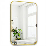 Oglinda Decorativa Elindor® Agatare pe Perete sau Sprijinita, Aurie, Dreptunghiulara, Colturi Rotunjite, Moderna si Eleganta, Reflexie HD, Sticla fara Distorsiuni, Ideala pentru Dormitor, Living, Birou, Dressing, Hol, Baie, Rama Metalica, 90x60 cm