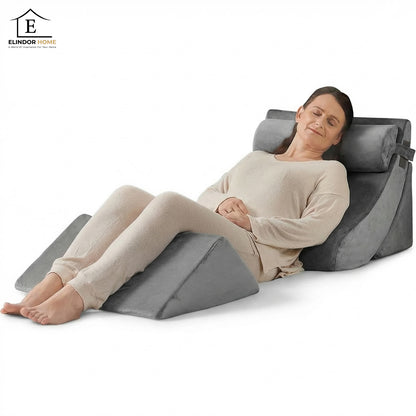 Set 4 Perne Ortopedice Elindor® pentru Pat, Perna Spuma cu Memorie, Hipoalergenica, Suport Spate, Picioare, Genunchi, Post-Operator, Anti-Reflux, Antisforait, Antirid, Pliabile, Hipoalergenic, Reglabile, Gri