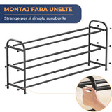 Organizator Extensibil pentru Pantofi Elindor® Pantofar cu 3 Nivele Mari, Fara Gauri, Suport Metalic pentru Papuci, Dulap Hol, Dormitor, Economisire Spatiu, Depozitare Incaltaminte, 45–83 × 22.6 × 43.3 cm, Negru
