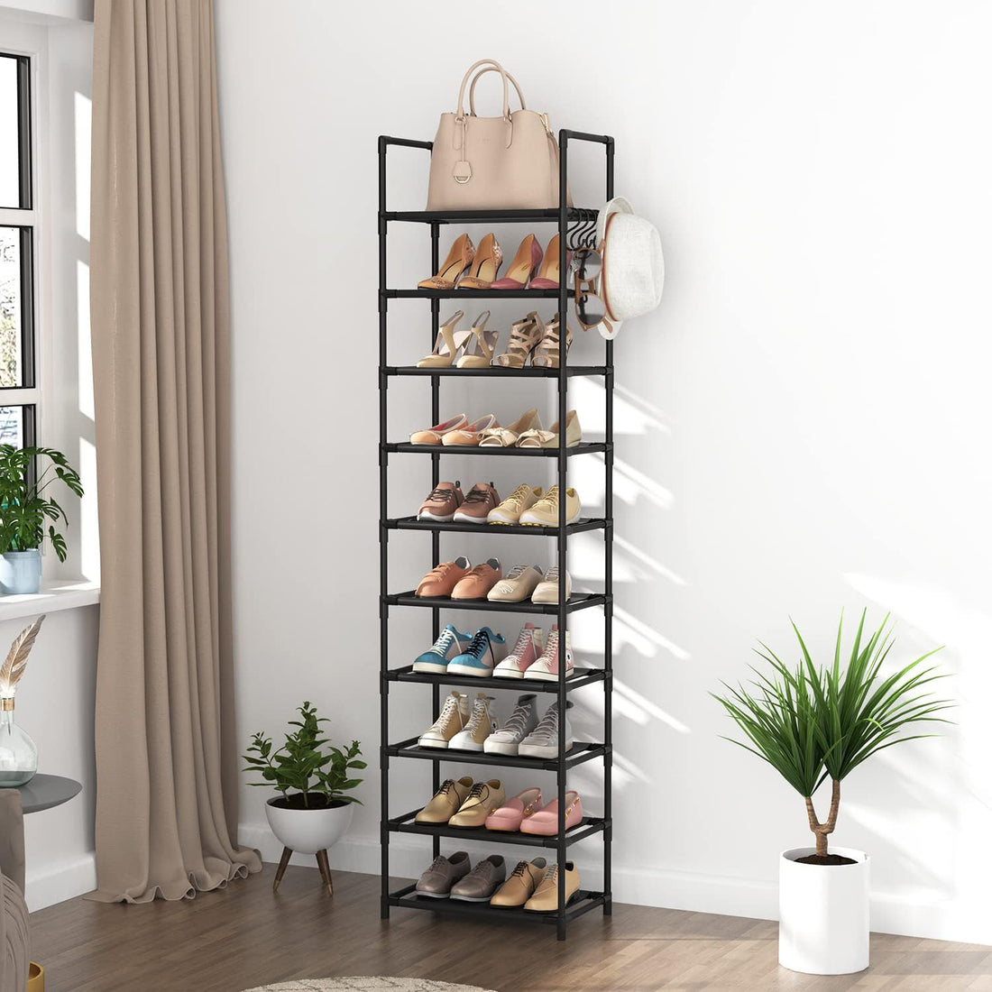 Organizator pentru Pantofi Elindor® Pantofar cu 10 Nivele Mari si 5 Carlige Metalice, Fara Gauri, Suport Metalic pentru Papuci, Dulap Hol, Dormitor, Economisire Spatiu, Depozitare Incaltaminte, 25.5 × 43 × 173 cm, Negru