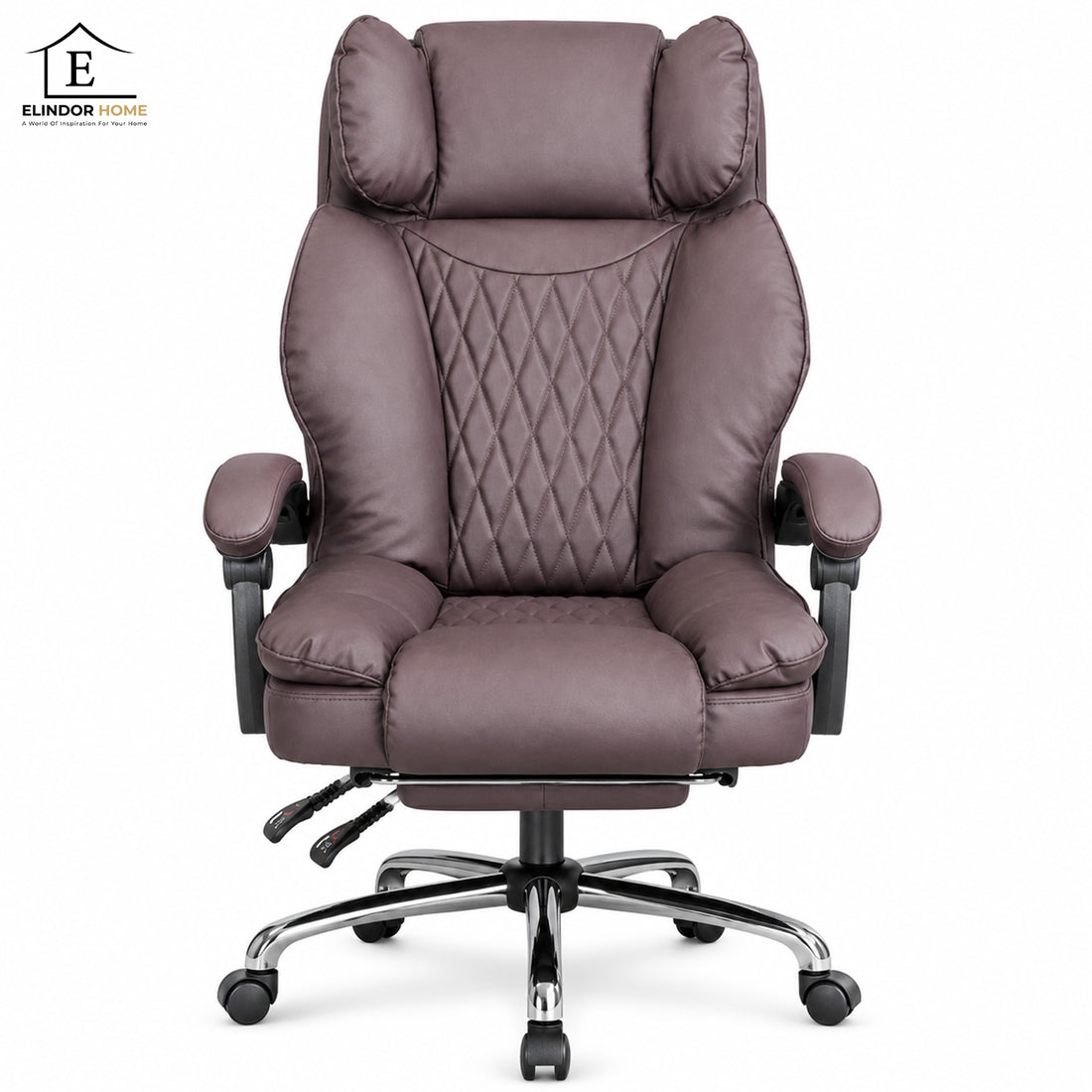 Scaun de Birou Elindor® Ergonomic, Design Contemporan, Scaun cu Spatar si Manere, din Piele PU cu Suport pentru Picioare si Lombar, cu Roti, Inaltime Reglabila 119 - 126.5 cm, Maro Inchis