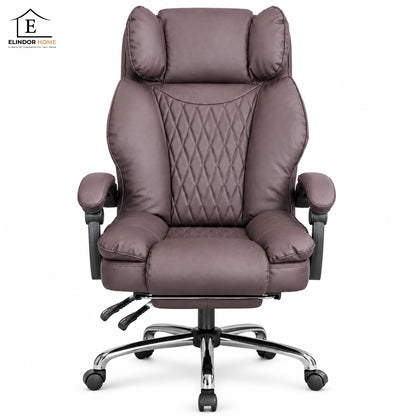 Scaun de Birou Elindor® Ergonomic, Design Contemporan, Scaun cu Spatar si Manere, din Piele PU cu Suport pentru Picioare si Lombar, cu Roti, Inaltime Reglabila 119 - 126.5 cm, Maro Inchis