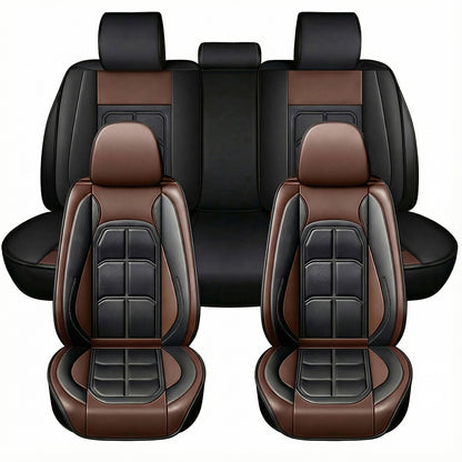 Set 5 Huse Scaune Auto Elindor® Universale, Husa pentru Protectie Sezut si Spatar Scaun Fata si Bancheta Spate, Impermeabila, Piele Ecologica, Accesorii Masina Huse Interior, Maro