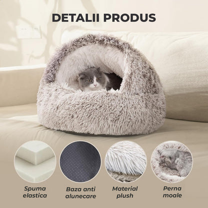 Pat Confortabil pentru Caini si Pisici Elindor® Rotund, Culcus Moale Antiderapant, Potrivit pentru Caine si Pisica de Talie Mica si Medie, Ideal in Orice Anotimp, in Casa, 60 × 60 × 16 cm, Gri / Bej