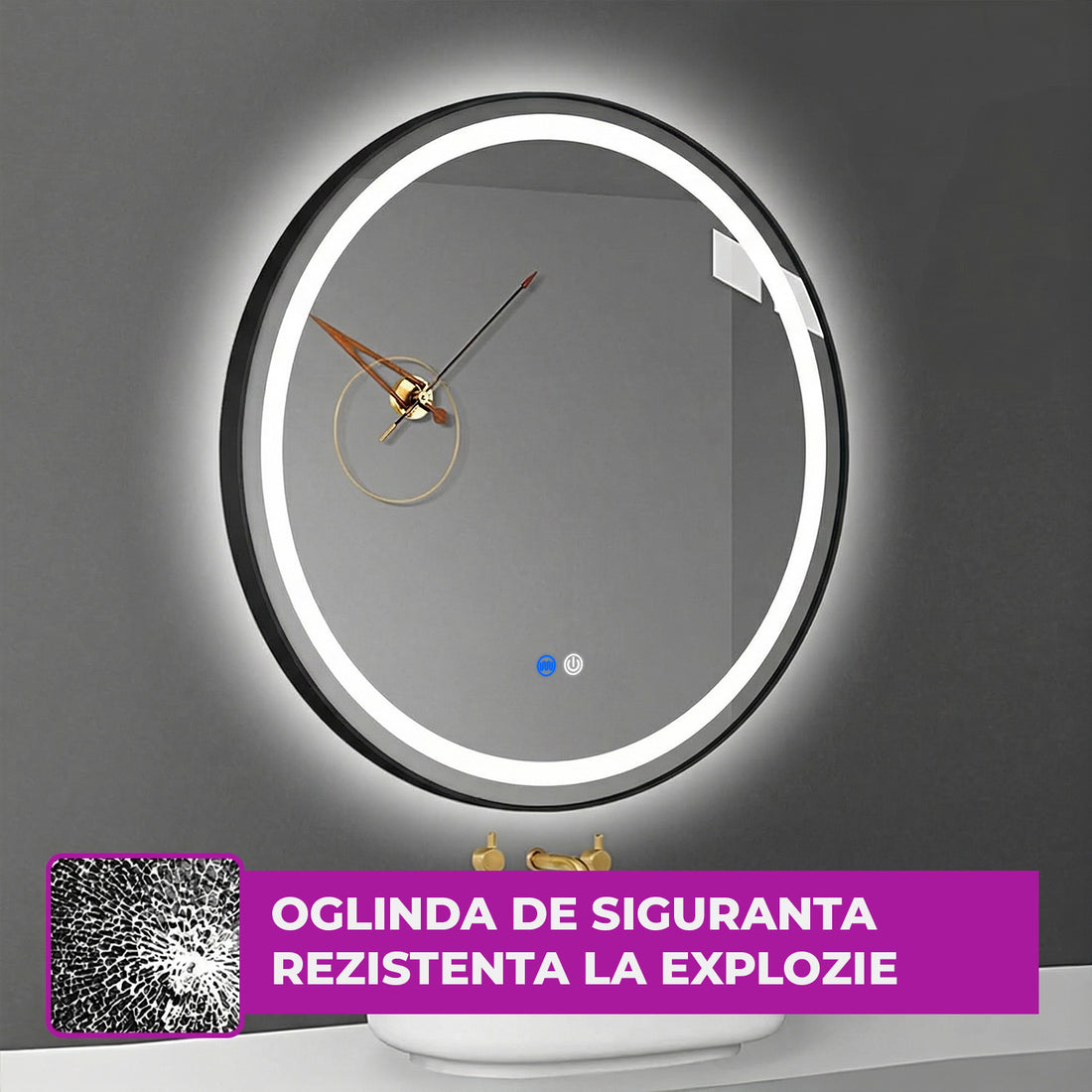 Oglinda de Perete Elindor® Rotunda, Antiaburire, cu Rama Neagra, Ideala pentru Baie, Iluminare Led, 3 Culori Lumina, Dimabila, Buton ON/OFF Luminat si Noaptea, Rezistenta la Umiditate IP44, 60 x 60 cm