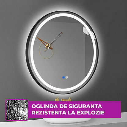 Oglinda de Perete Elindor® Rotunda, Antiaburire, cu Rama Neagra, Ideala pentru Baie, Iluminare Led, 3 Culori Lumina, Dimabila, Buton ON/OFF Luminat si Noaptea, Rezistenta la Umiditate IP44, 60 x 60 cm